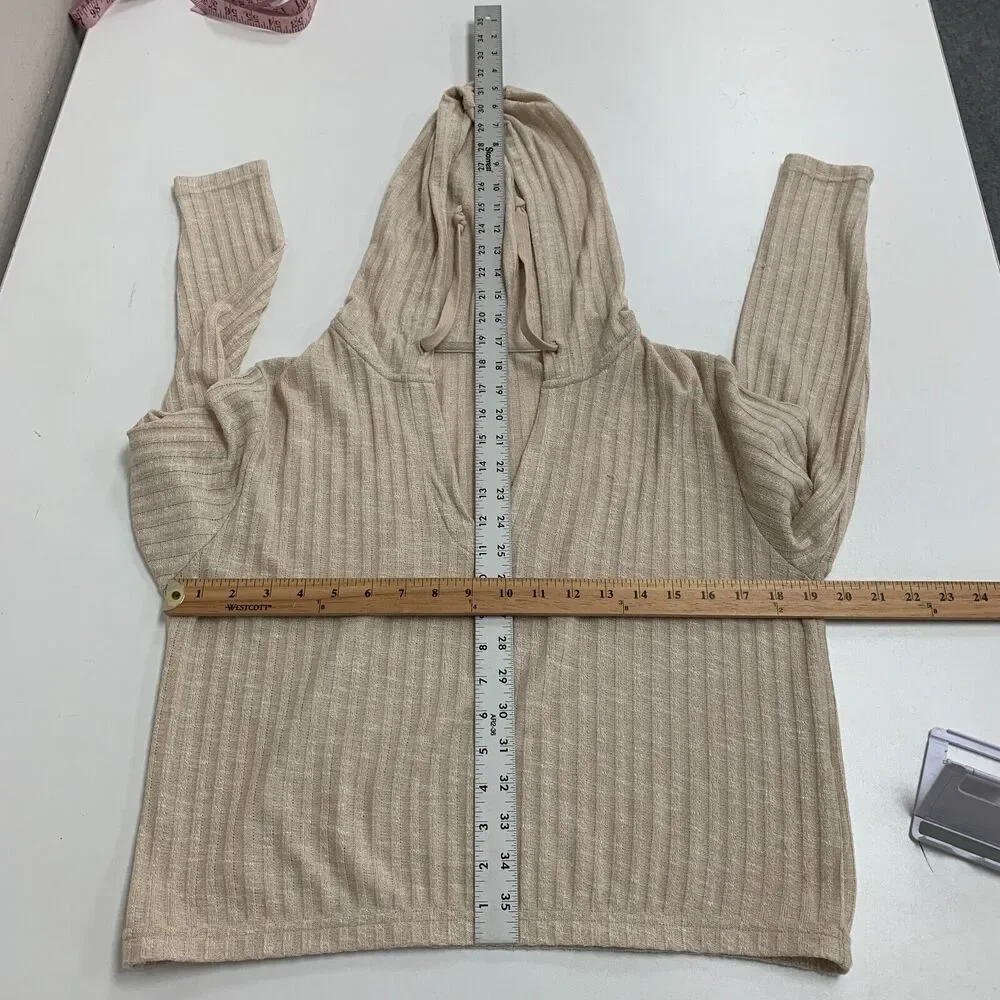 RVCA Cropped Hoodie Women L Large Beige V Neck Knit Pullover Long Sleeve Sweater
